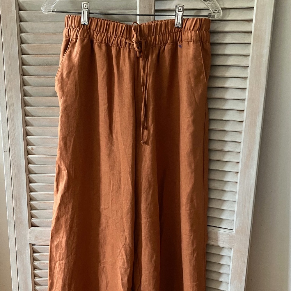 LINEN PANTS RUST ELASTIC WAIST WITH TIE WIDE LEG